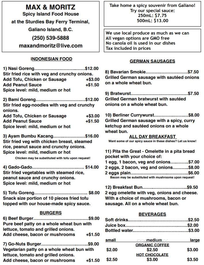 Max & Moritz Spicy Island Food House - Galiano Island, BC menu_pic