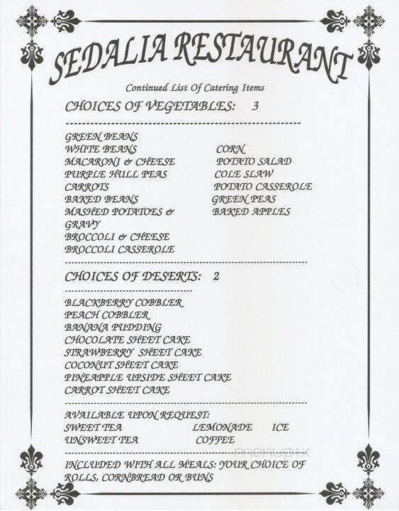 Sedalia Restaurant - Sedalia, KY menu_pic