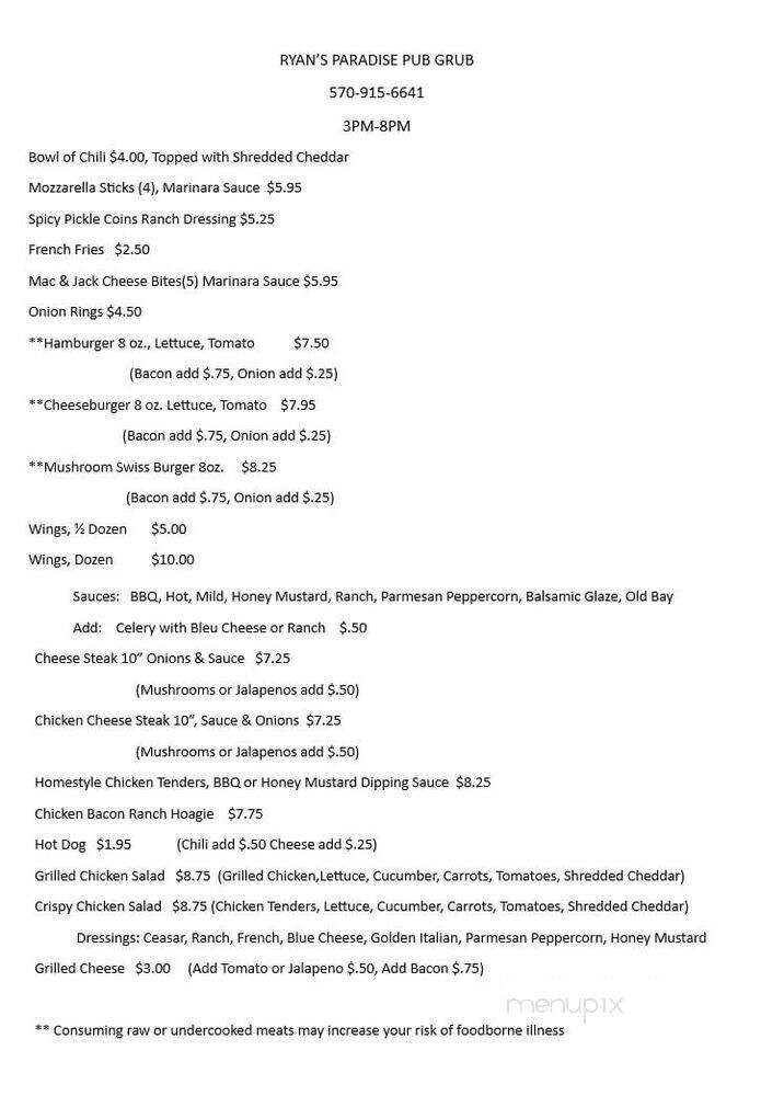 Paradise Pub - Pine Grove, PA menu_pic