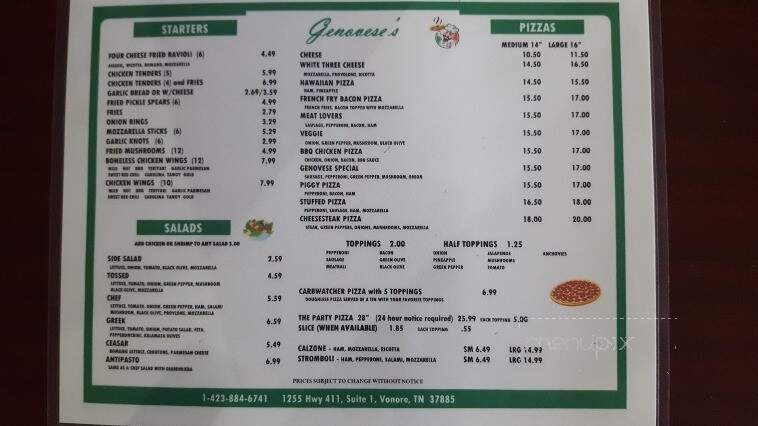 Genovese's - Vonore, TN menu_pic