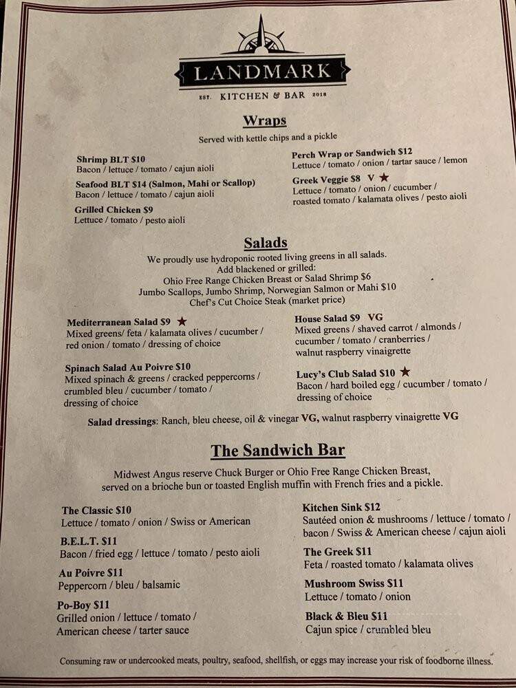 Online Menu of Landmark Kitchen & Bar, Sandusky, OH