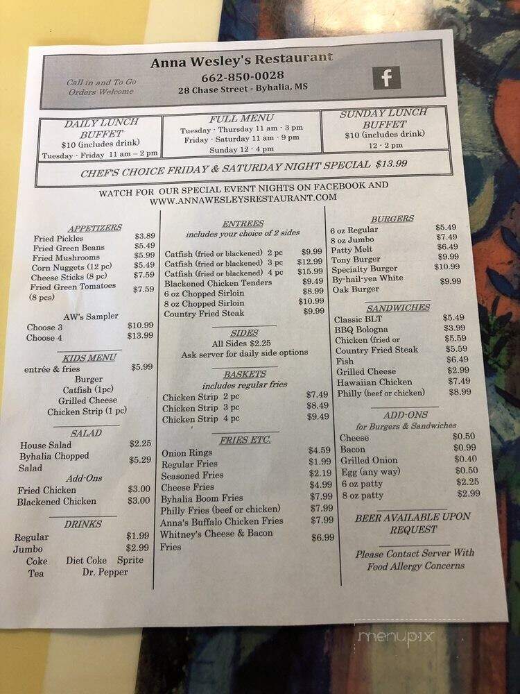 Anna Wesleys Restaurant - Byhalia, MS menu_pic