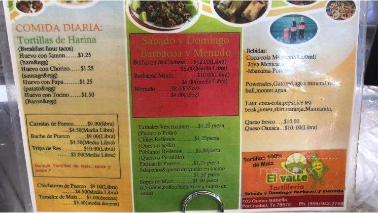 El valle Tortilleria - Port Isabel, TX menu_pic