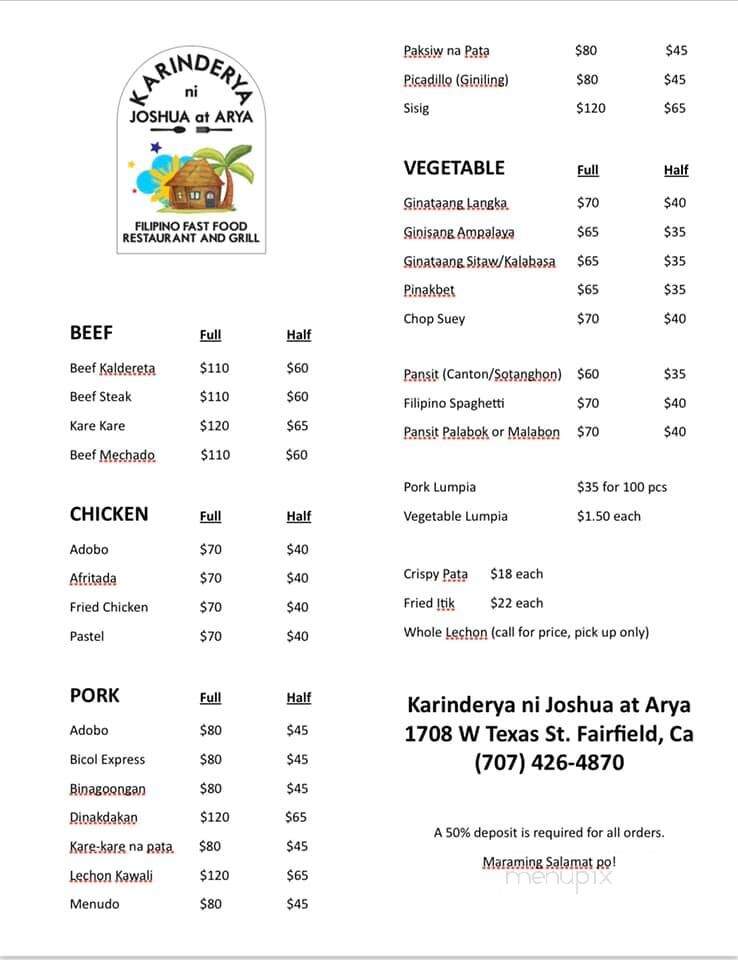 Karinderya Ni Joshua at Arya - Fairfield, CA menu_pic