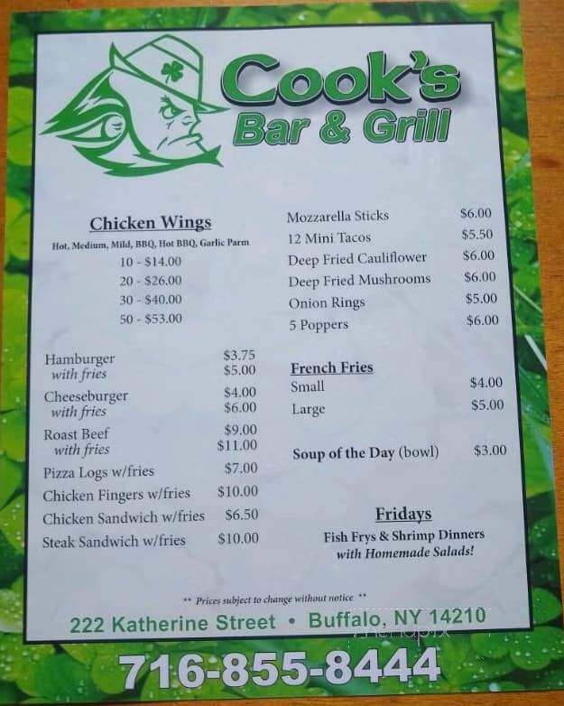 Cook's Bar & Grill - Buffalo, NY menu_pic