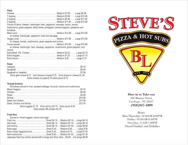 Steve's Pizza & Hot Subs - Carthage, NC menu_pic