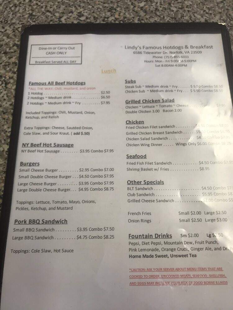 Menu of Lindy's Famous Hot Dogs in Norfolk, VA 23509