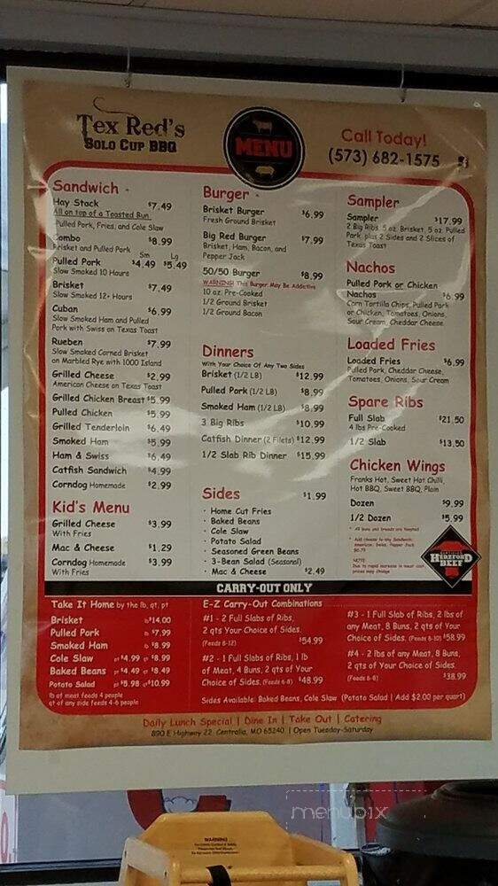 Tex Red's Solo Cup BBQ - Centralia, MO menu_pic