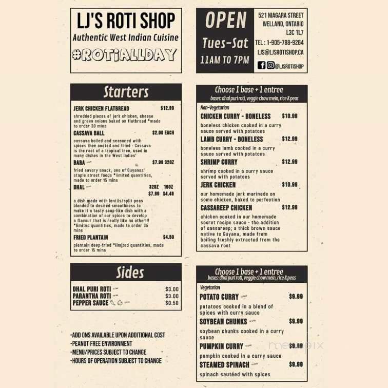 LJ's Roti Shop - Welland, ON menu_pic
