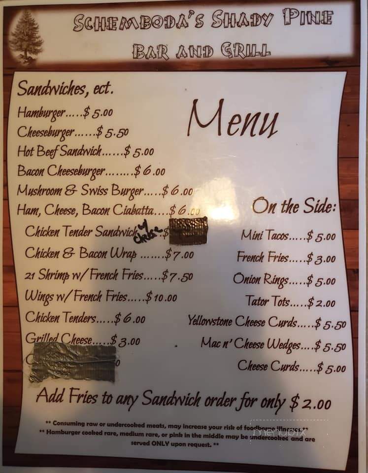 Shady Pine Bar - Chippewa Falls, WI menu_pic