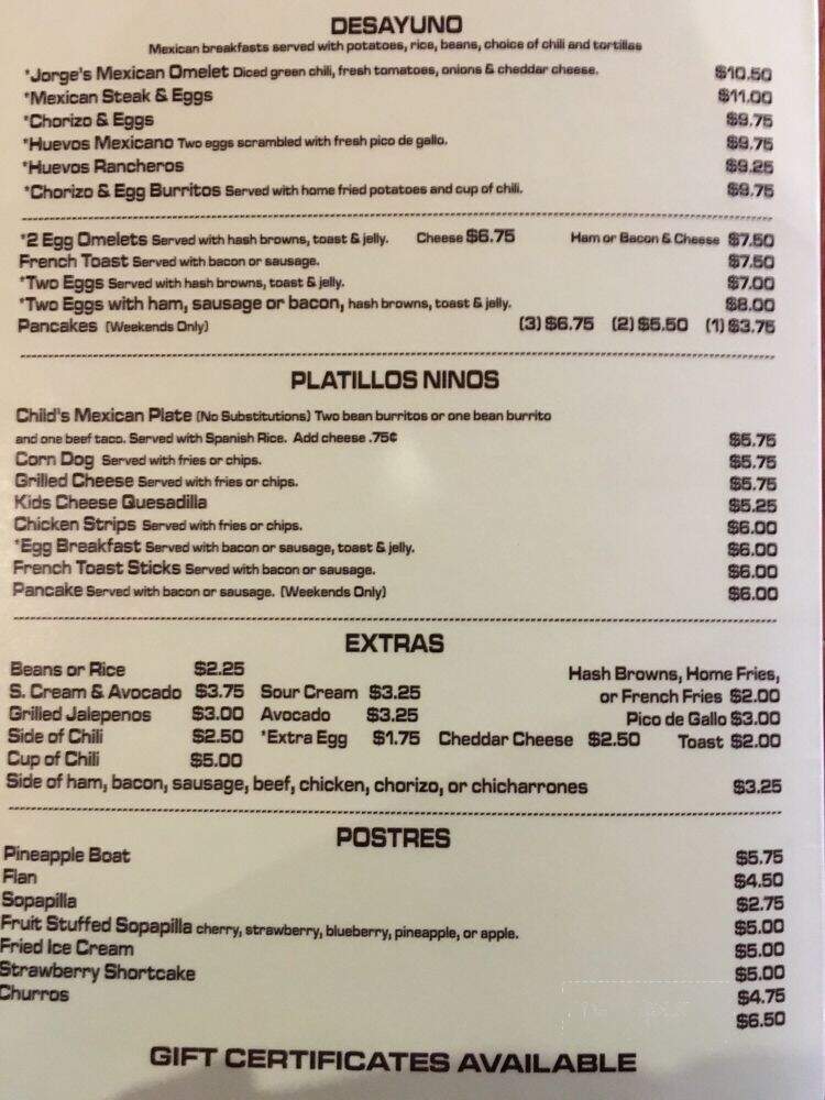 Jorge's Mexican Restaraunt - Colorado Springs, CO menu_pic