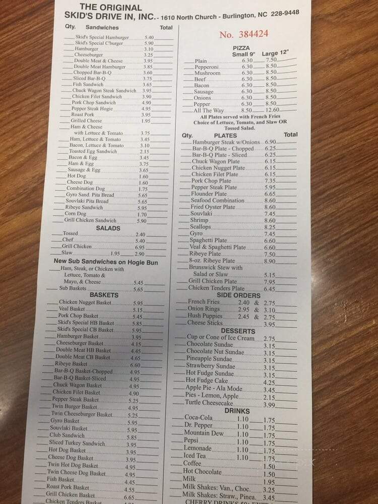 Skid's Drive-In Number 1 - Burlington, NC menu_pic