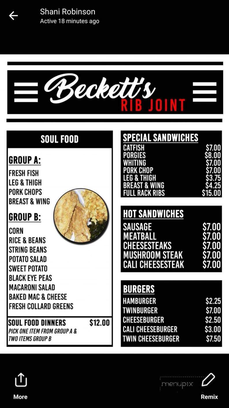 Beckett's Restaurant - Reading, PA menu_pic
