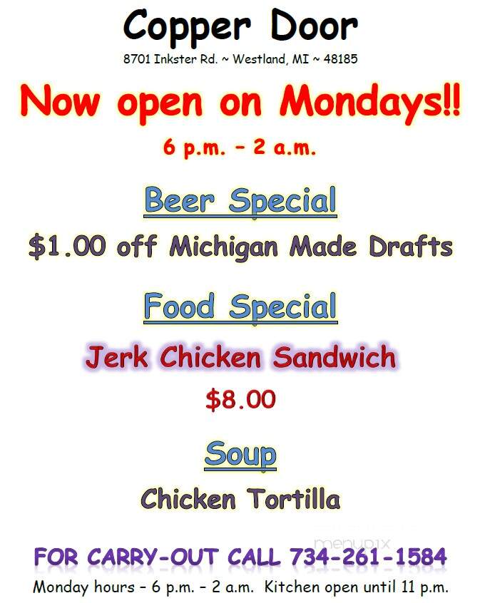 Copper Door - Westland, MI menu_pic