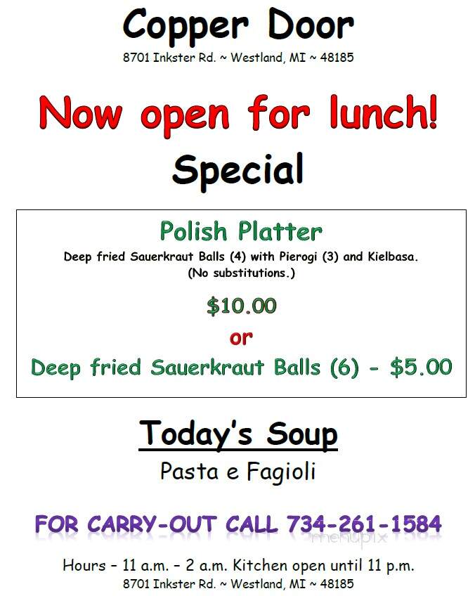 Copper Door - Westland, MI menu_pic