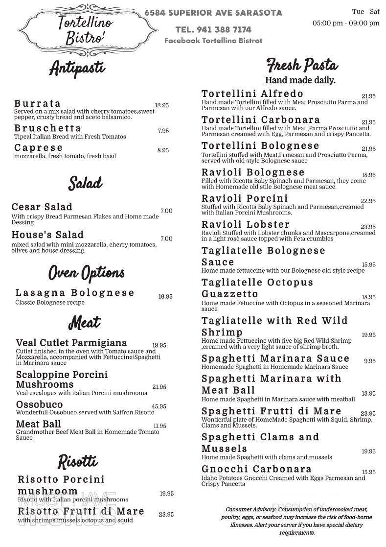 Tortellino Bistrot - Sarasota, FL menu_pic