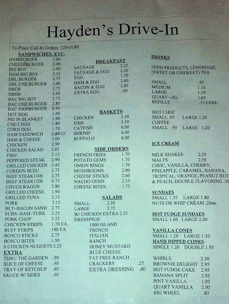Hayden's Drive-In - Owensboro, KY menu_pic