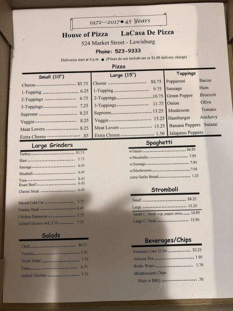 House Of Pizza - Lewisburg, PA menu_pic