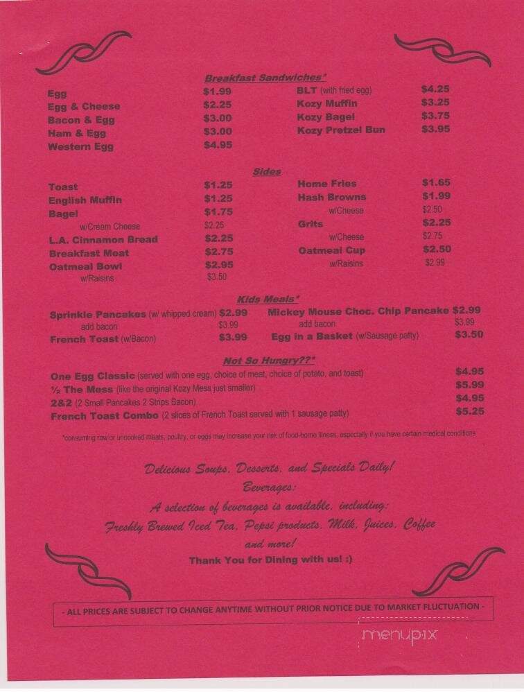 Kozy Korner Restaurant - Benton, PA menu_pic