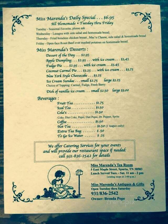 Miss Marenda's Tea Room - Sparta, TN menu_pic