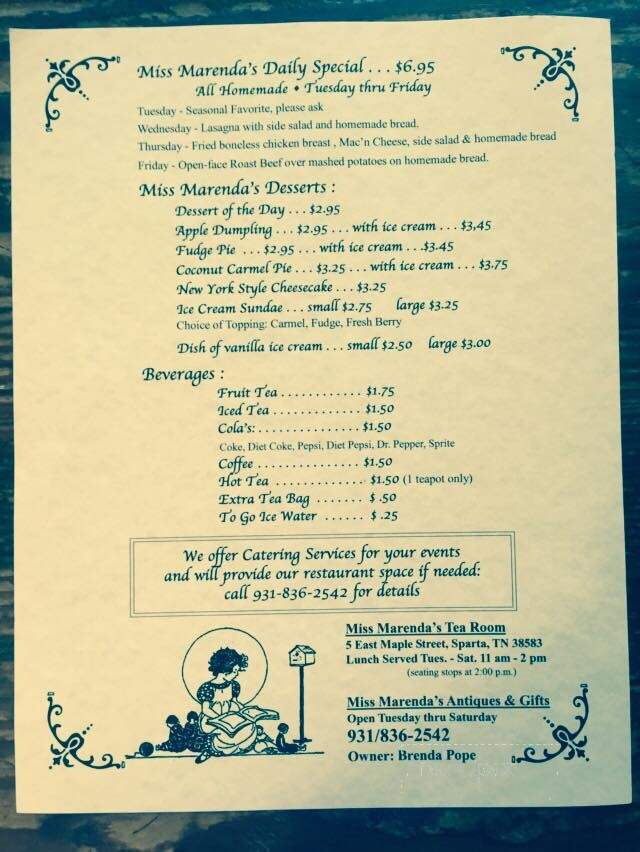 Miss Marenda's Tea Room - Sparta, TN menu_pic