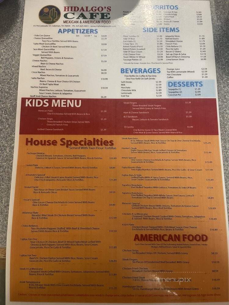 Hidalgo's Cafe - Coleman, TX menu_pic