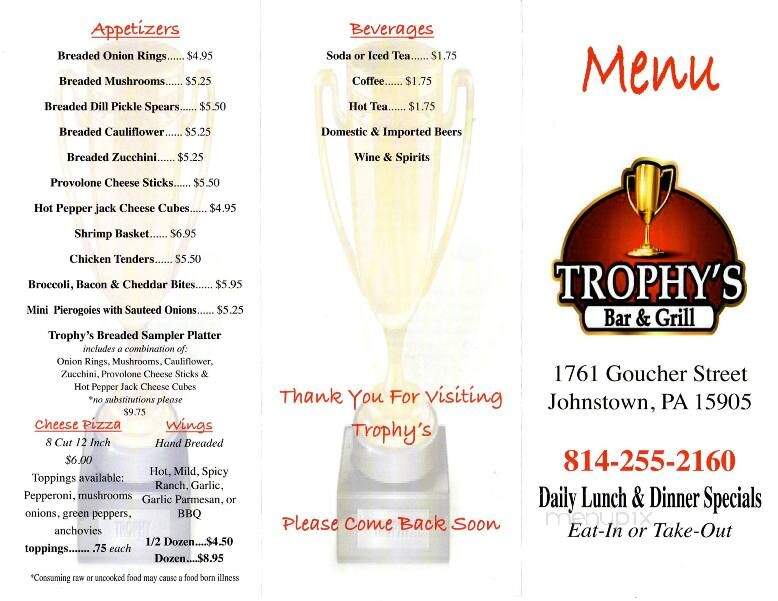 Trophy's Bar & Grill - Johnstown, PA menu_pic