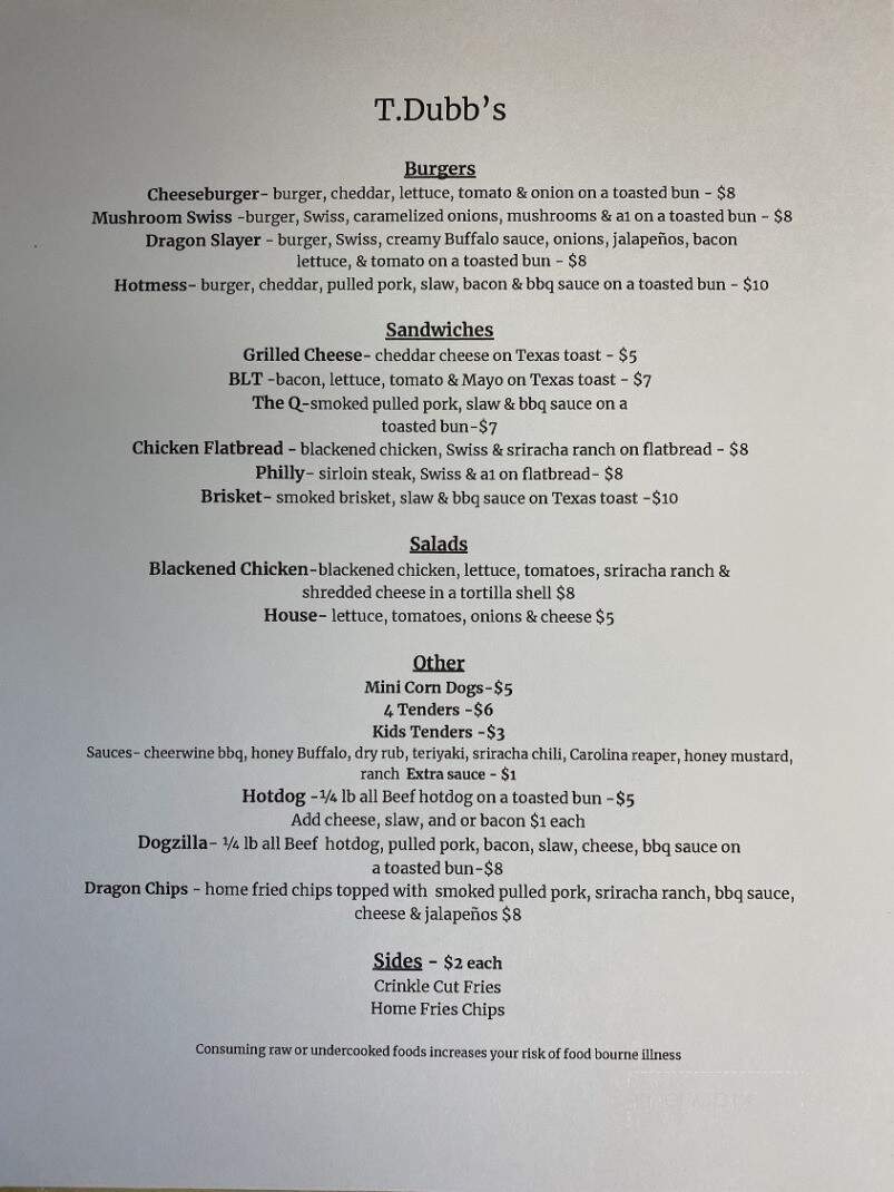 T.Dubb's - Robbinsville, NC menu_pic