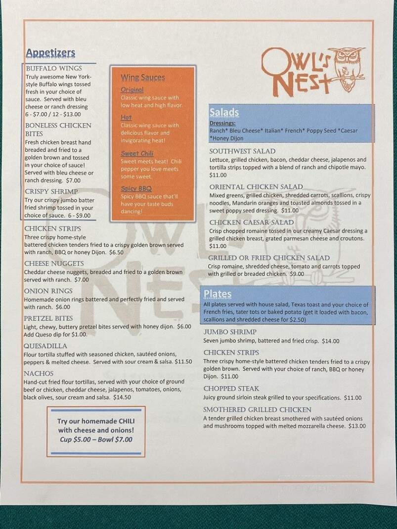 Owls Nest - Panora, IA menu_pic
