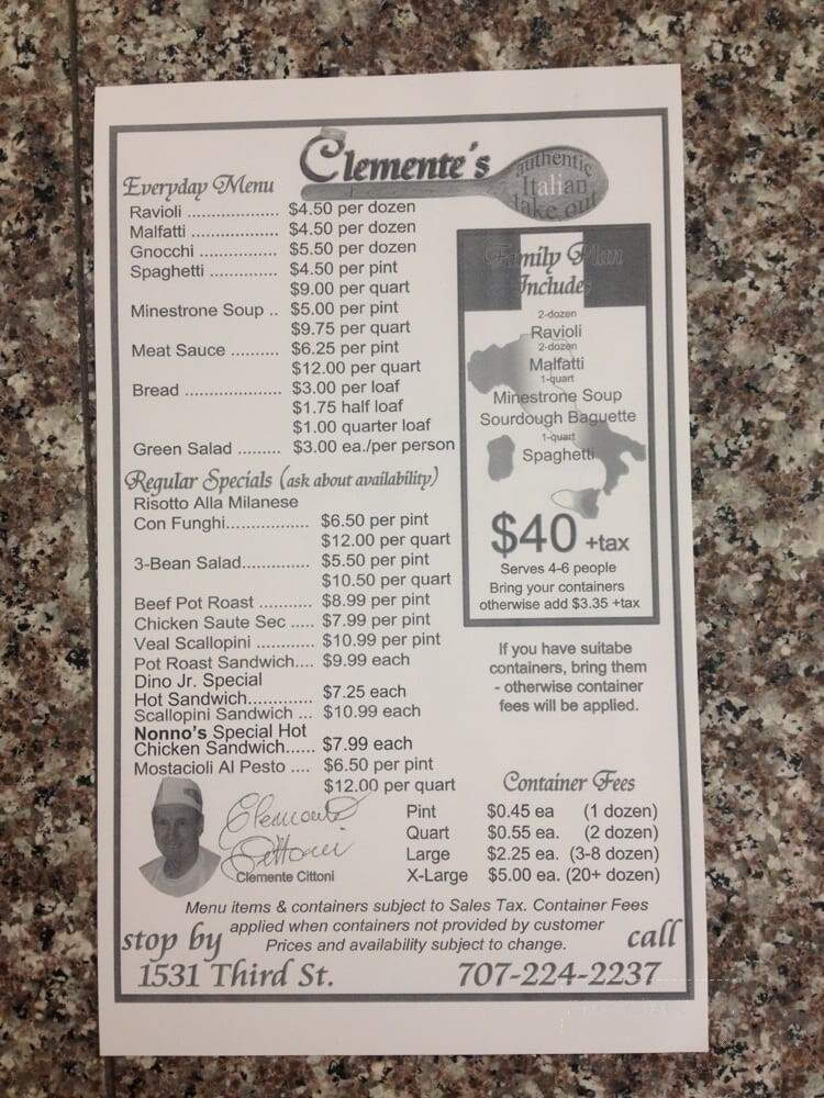 Clemente's Authentic Italian Food to Go - Napa, CA menu_pic