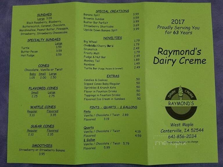 Raymonds Dairy Creme - Centerville, IA menu_pic