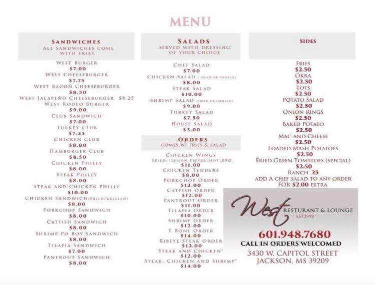 West Restaurant & Lounge - Jackson, MS menu_pic