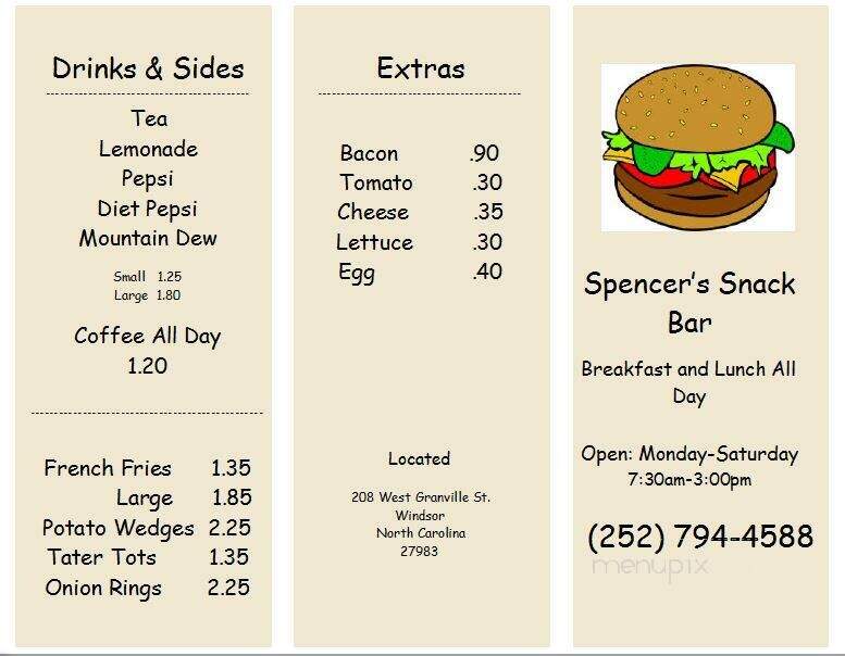 Spencer's Snack Bar - Windsor, NC menu_pic