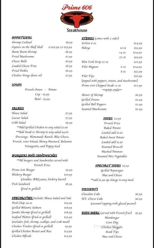 Prime 606 Steakhouse - Hazard, KY menu_pic