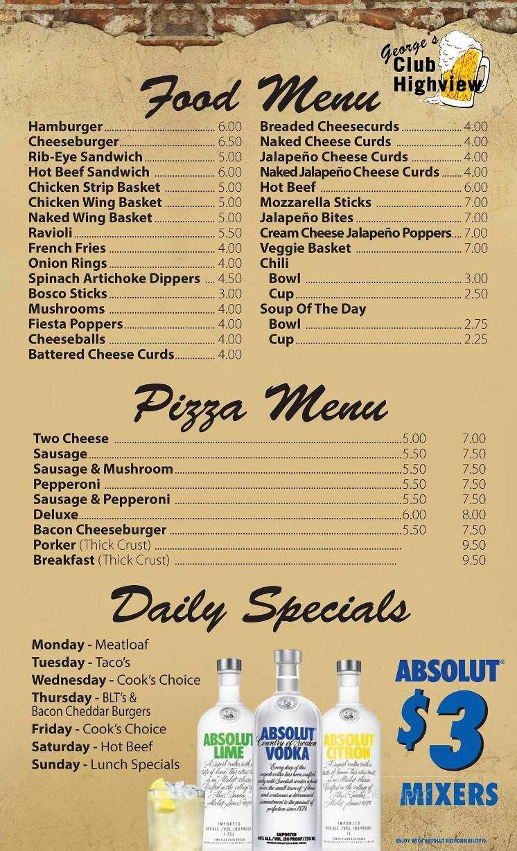 George's Club Highview - Kenosha, WI menu_pic