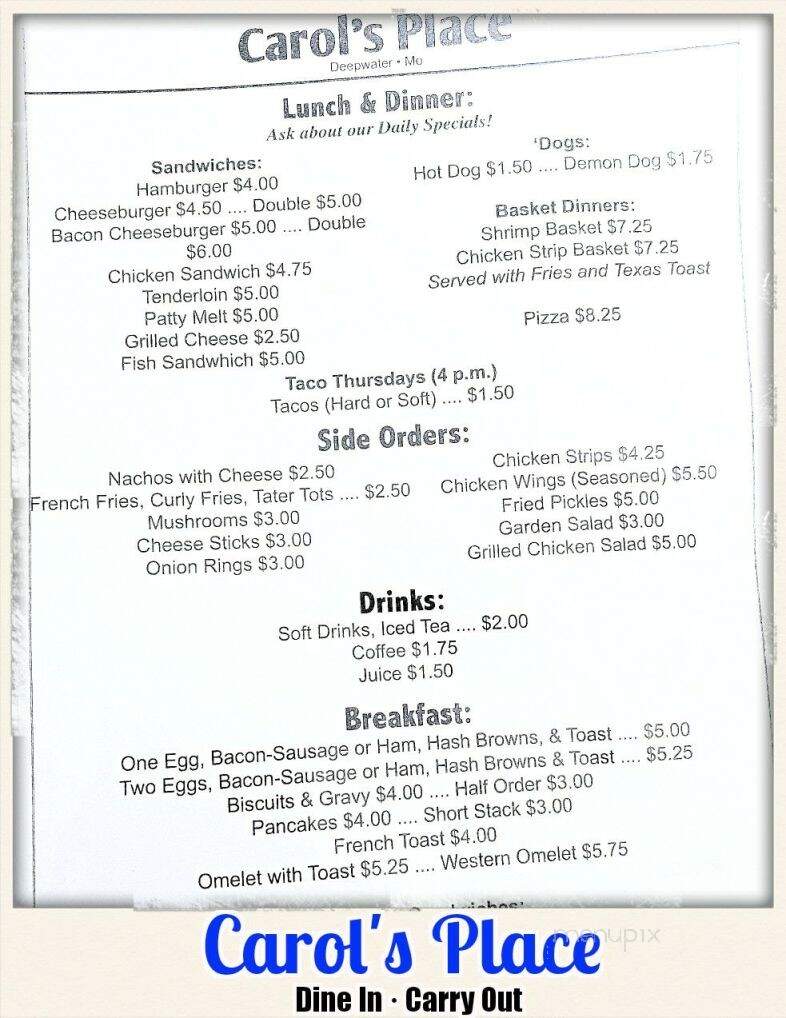 Carol's Place - Deepwater, MO menu_pic