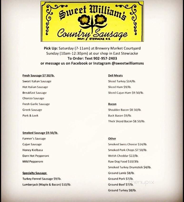 Sweet William's Country Sausage - Stewiacke, NS menu_pic