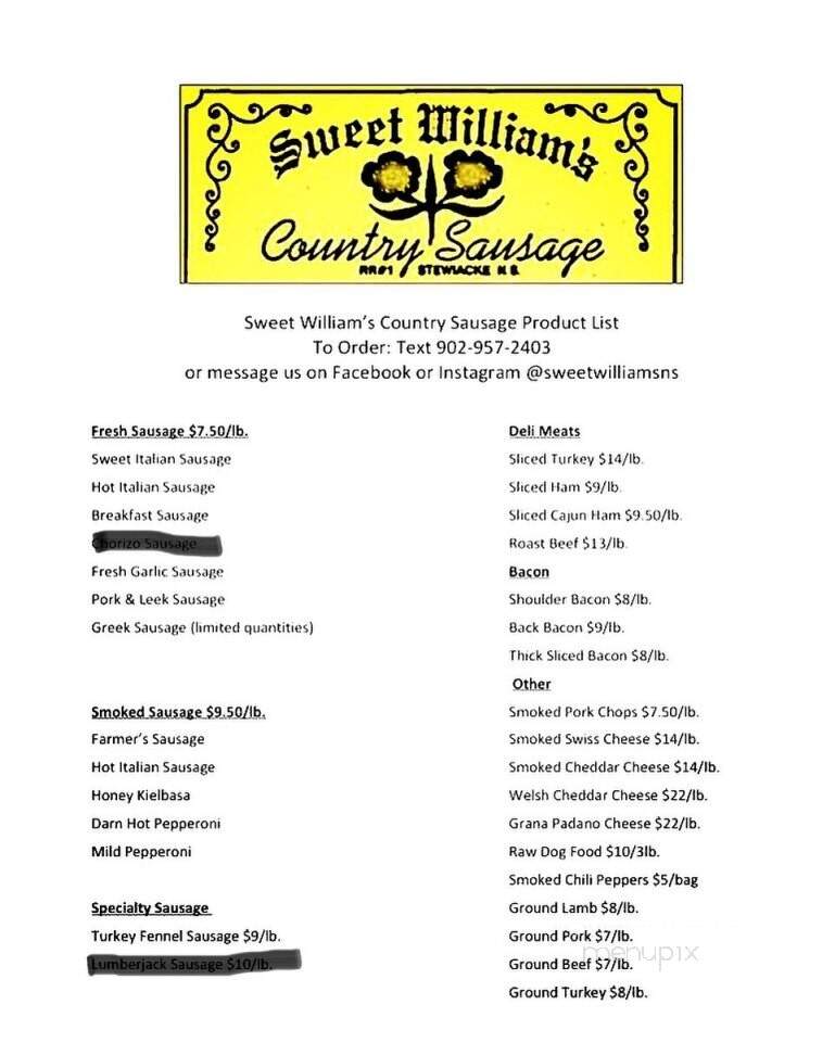 Sweet William's Country Sausage - Stewiacke, NS menu_pic