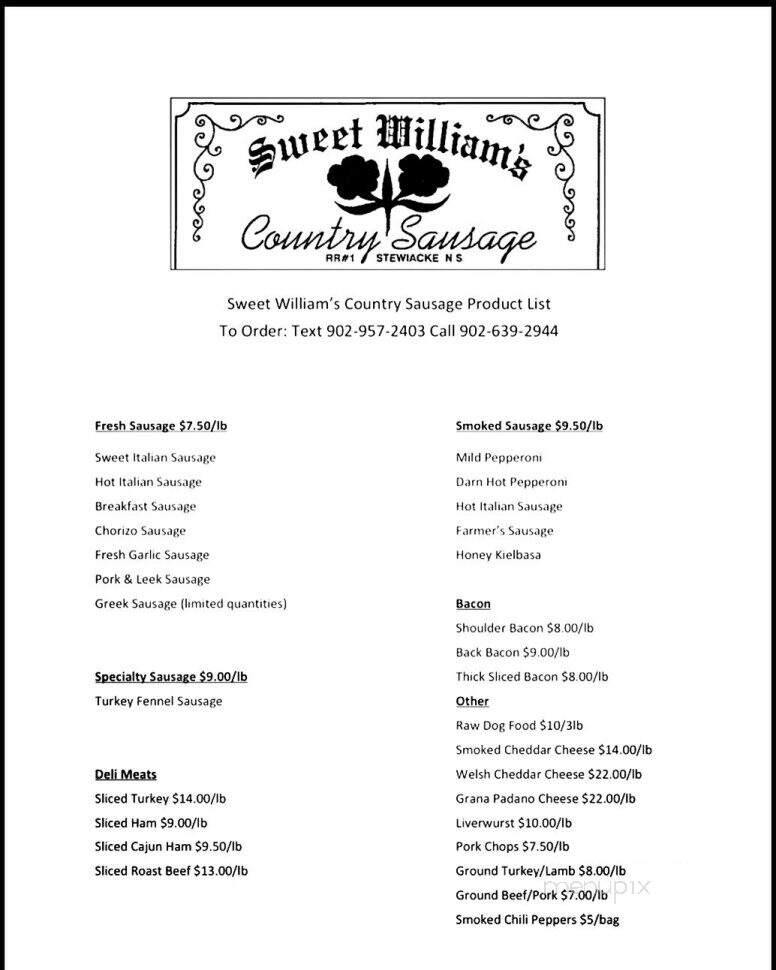 Sweet William's Country Sausage - Stewiacke, NS menu_pic