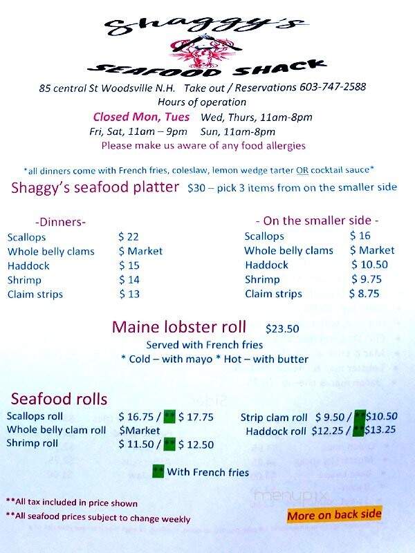 Shaggy's Seafood Shack - Woodsville, NH menu_pic