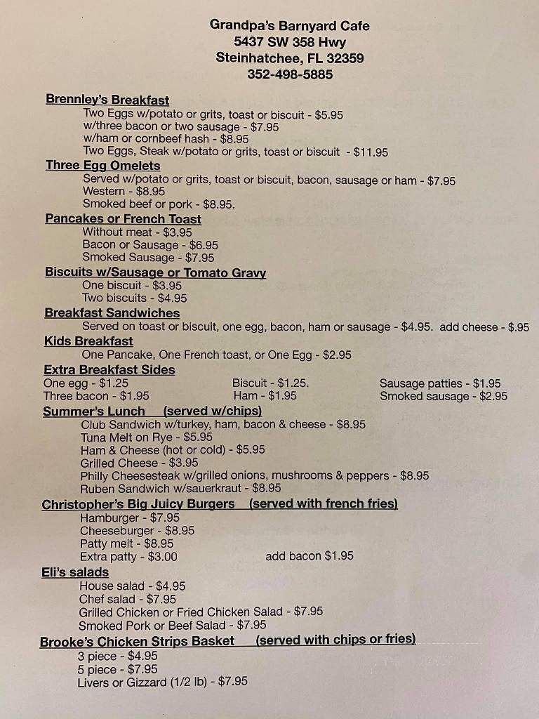 Grandpa's Barnyard Cafe - Steinhatchee, FL menu_pic