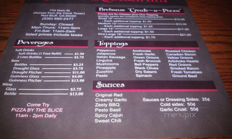 Firehouse pizza - Red Bluff, CA menu_pic