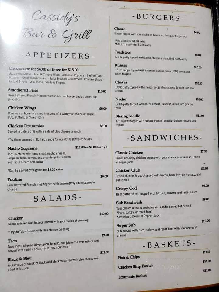 Cassidy's Bar & Lounge - Plentywood, MT menu_pic