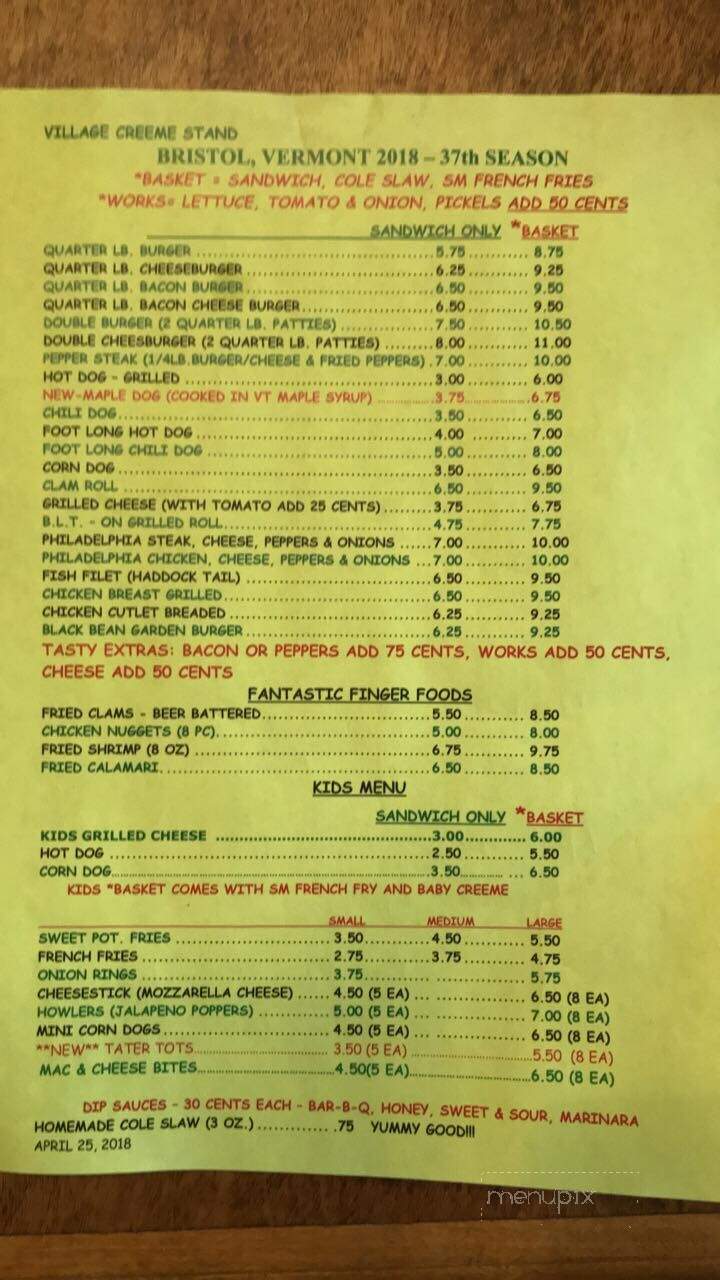 Village Creeme Stand - Bristol, VT menu_pic