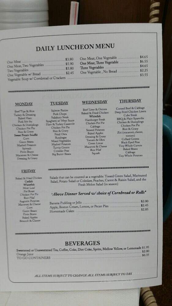Gene's Restaurant - Chester, SC menu_pic