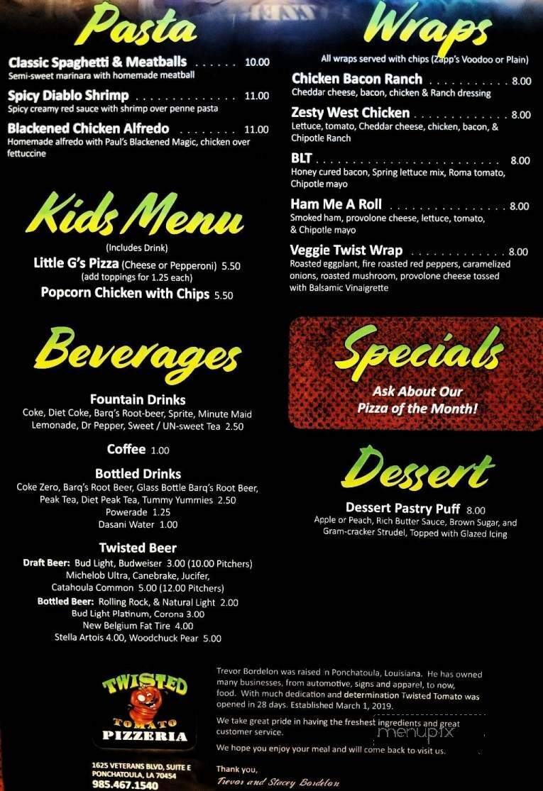 Twisted Tomato Pizzeria - Ponchatoula, LA menu_pic