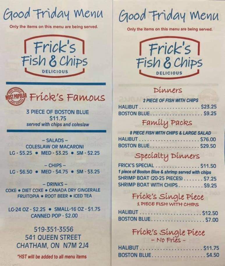 Frick's Fish and Chips - Chatham, ON menu_pic