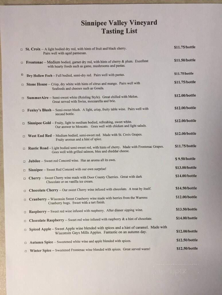 Sinnipee Valley Vineyard & Winery - Cuba City, WI menu_pic