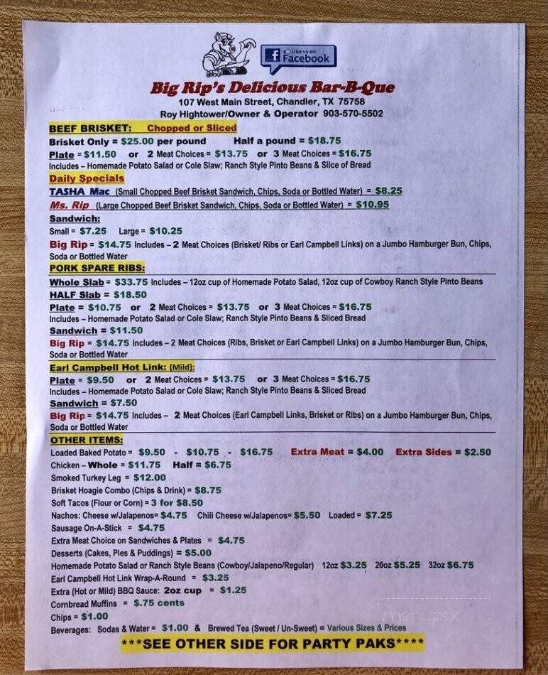 Big Rip's Delicious BBQ - Chandler, TX menu_pic