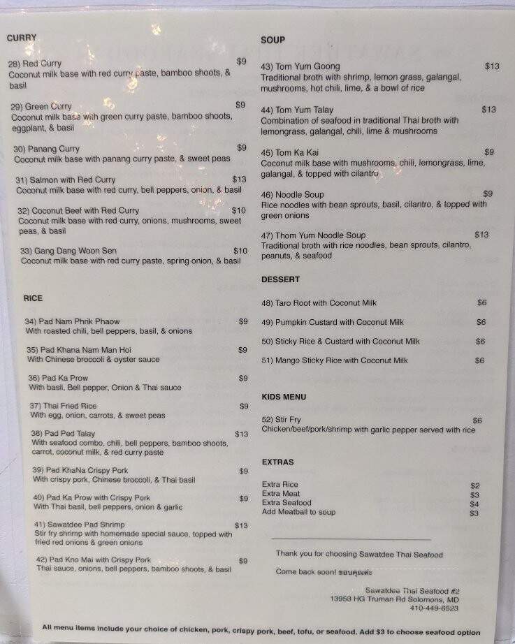 Sawatdee Thai Seafood - Solomons, MD menu_pic